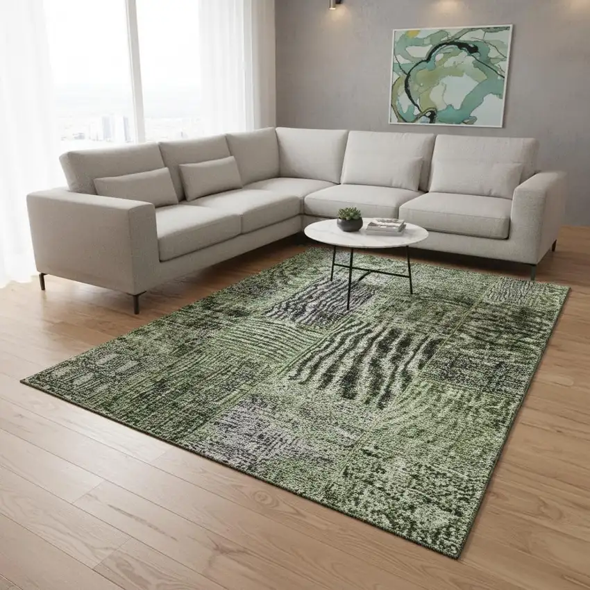 Olive Green And Gray Patchwork Washable Area Rug With UV Protection Photo 3