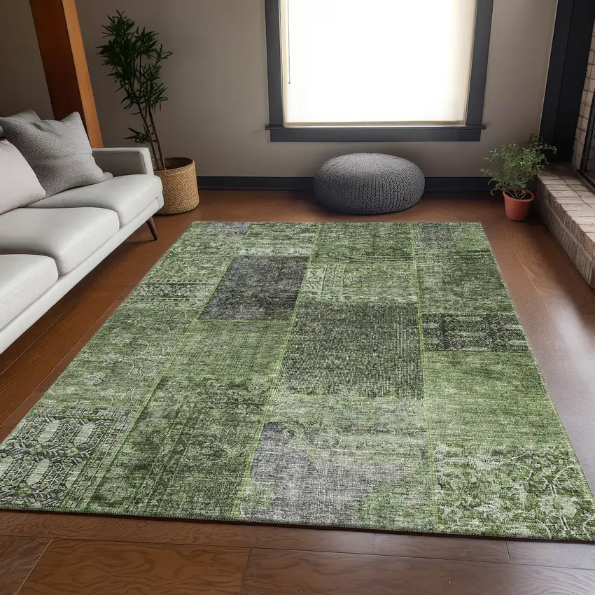 Olive Green And Gray Patchwork Washable Area Rug With UV Protection Photo 6