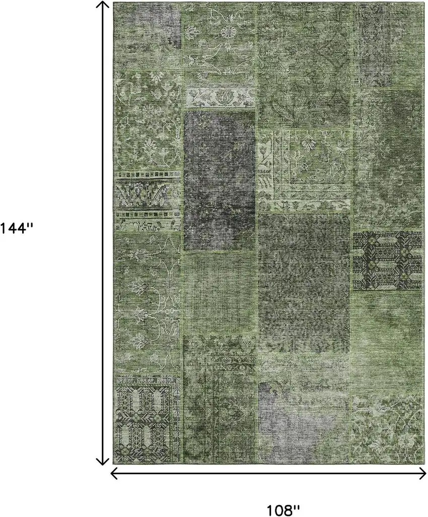 Olive Green And Gray Patchwork Washable Area Rug With UV Protection Photo 4