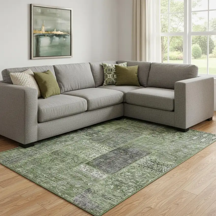 Olive Green And Gray Patchwork Washable Area Rug With UV Protection Photo 1