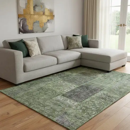 Olive Green And Gray Patchwork Washable Area Rug With UV Protection Photo 1