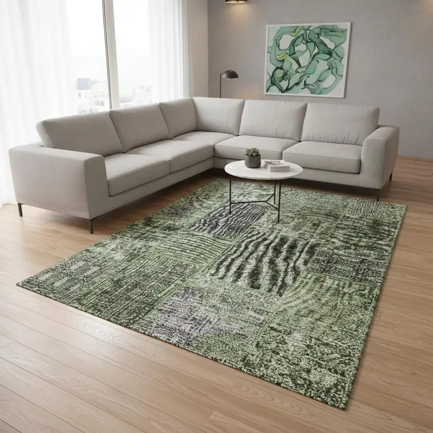 Olive Green And Gray Patchwork Washable Area Rug With UV Protection Photo 1