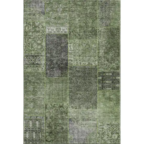 Olive Green And Gray Patchwork Washable Area Rug With UV Protection Photo 2