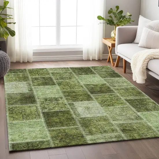Olive Green And Gray Patchwork Washable Area Rug With UV Protection Photo 6