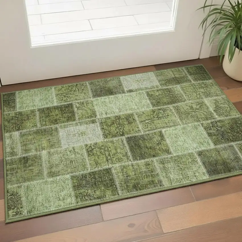 Olive Green And Gray Patchwork Washable Area Rug With UV Protection Photo 2