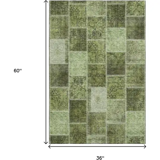 Olive Green And Gray Patchwork Washable Area Rug With UV Protection Photo 3