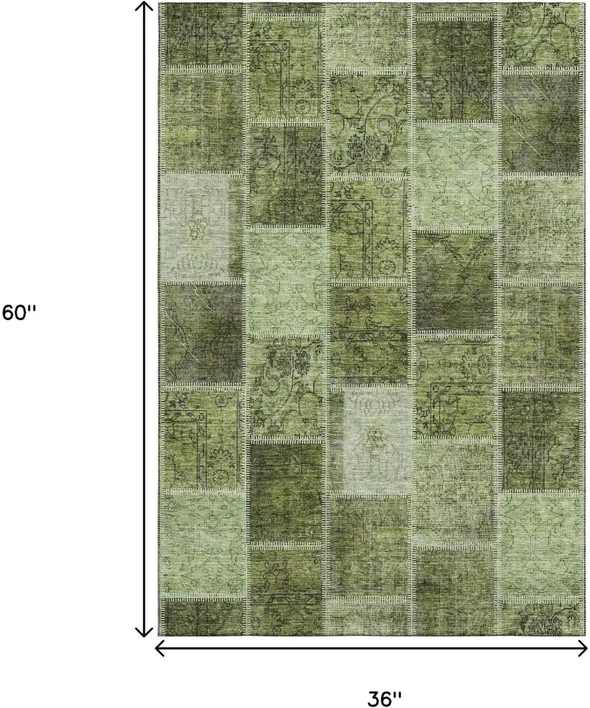 Olive Green And Gray Patchwork Washable Area Rug With UV Protection Photo 3