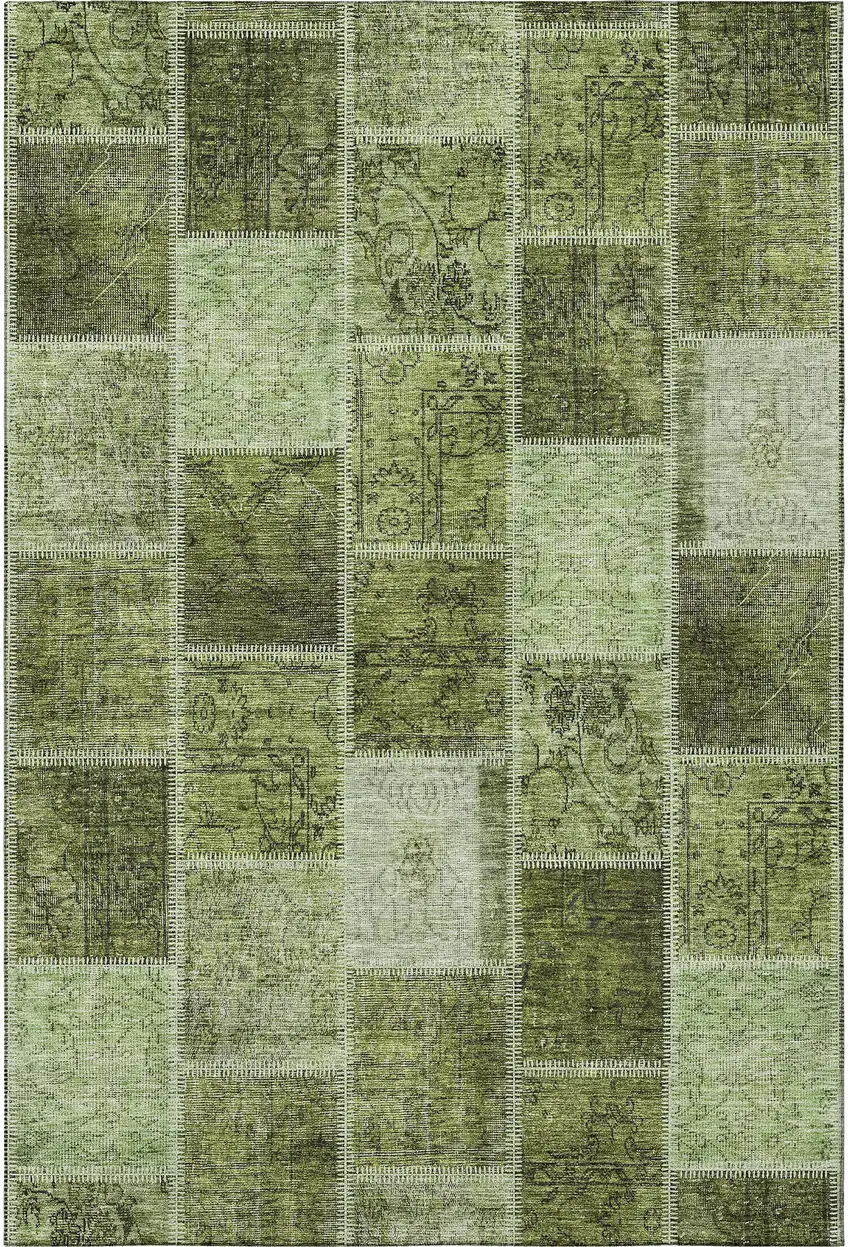 Olive Green And Gray Patchwork Washable Area Rug With UV Protection Photo 4