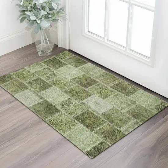 Olive Green And Gray Patchwork Washable Area Rug With UV Protection Photo 1