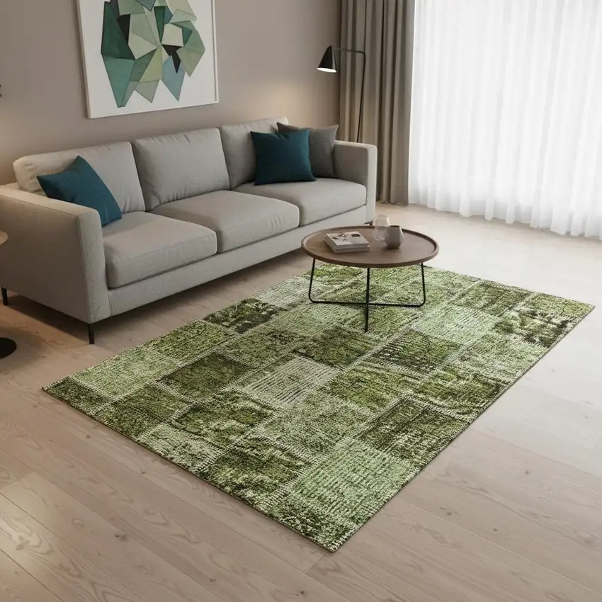 Olive Green And Gray Patchwork Washable Area Rug With UV Protection Photo 2