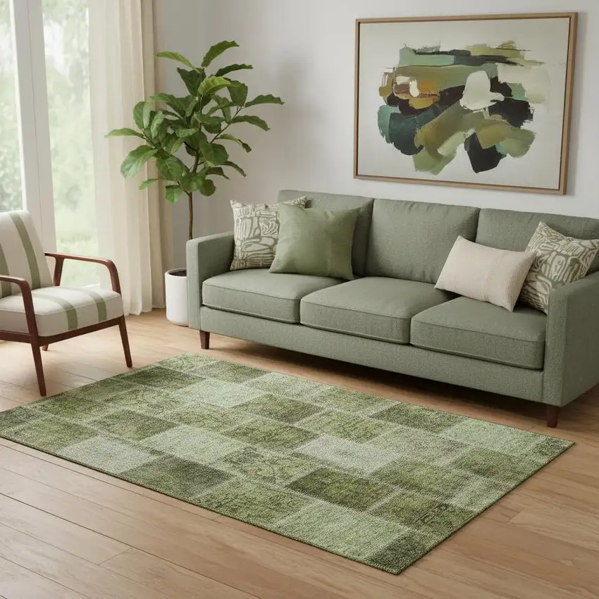 Olive Green And Gray Patchwork Washable Area Rug With UV Protection Photo 1