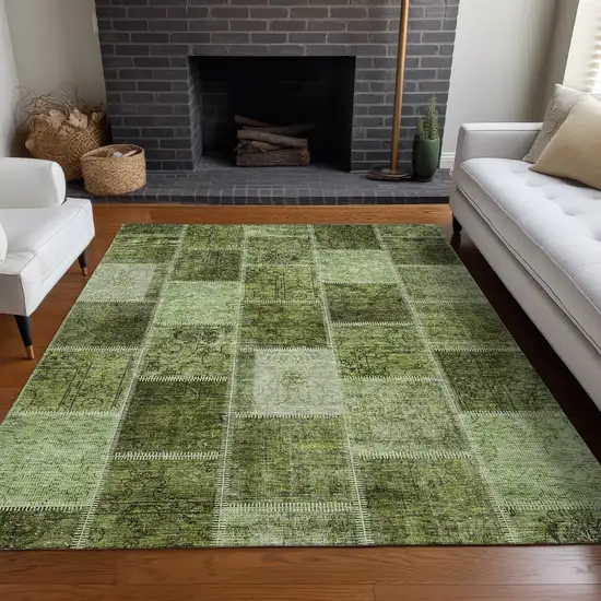 Olive Green And Gray Patchwork Washable Area Rug With UV Protection Photo 5