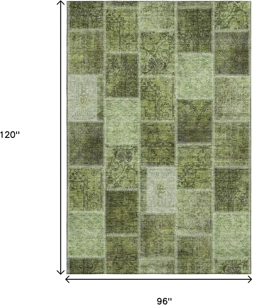 Olive Green And Gray Patchwork Washable Area Rug With UV Protection Photo 3