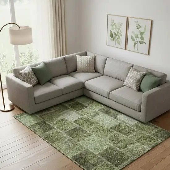 Olive Green And Gray Patchwork Washable Area Rug With UV Protection Photo 1