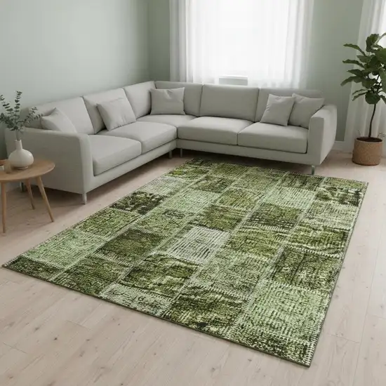Olive Green And Gray Patchwork Washable Area Rug With UV Protection Photo 2