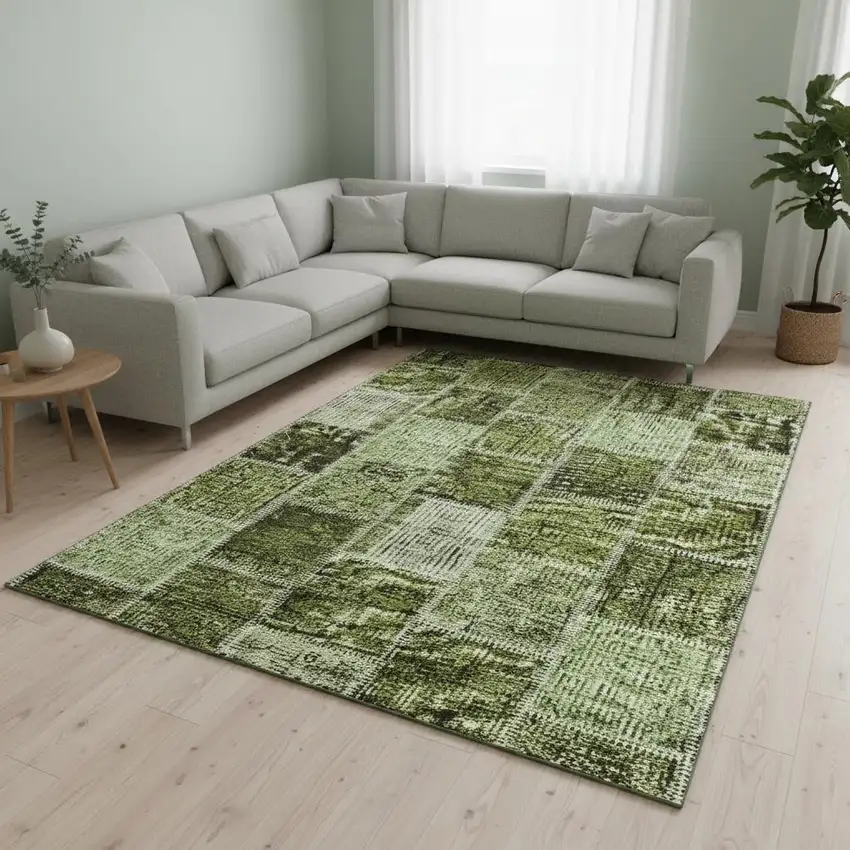 Olive Green And Gray Patchwork Washable Area Rug With UV Protection Photo 2