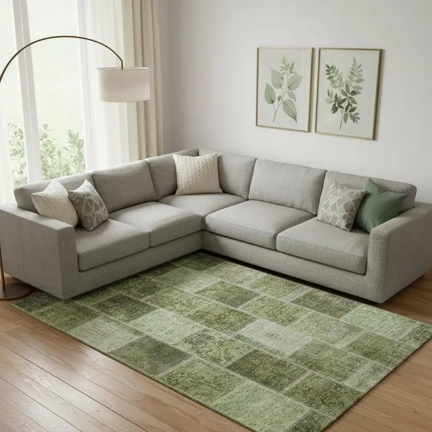 Olive Green And Gray Patchwork Washable Area Rug With UV Protection Photo 1