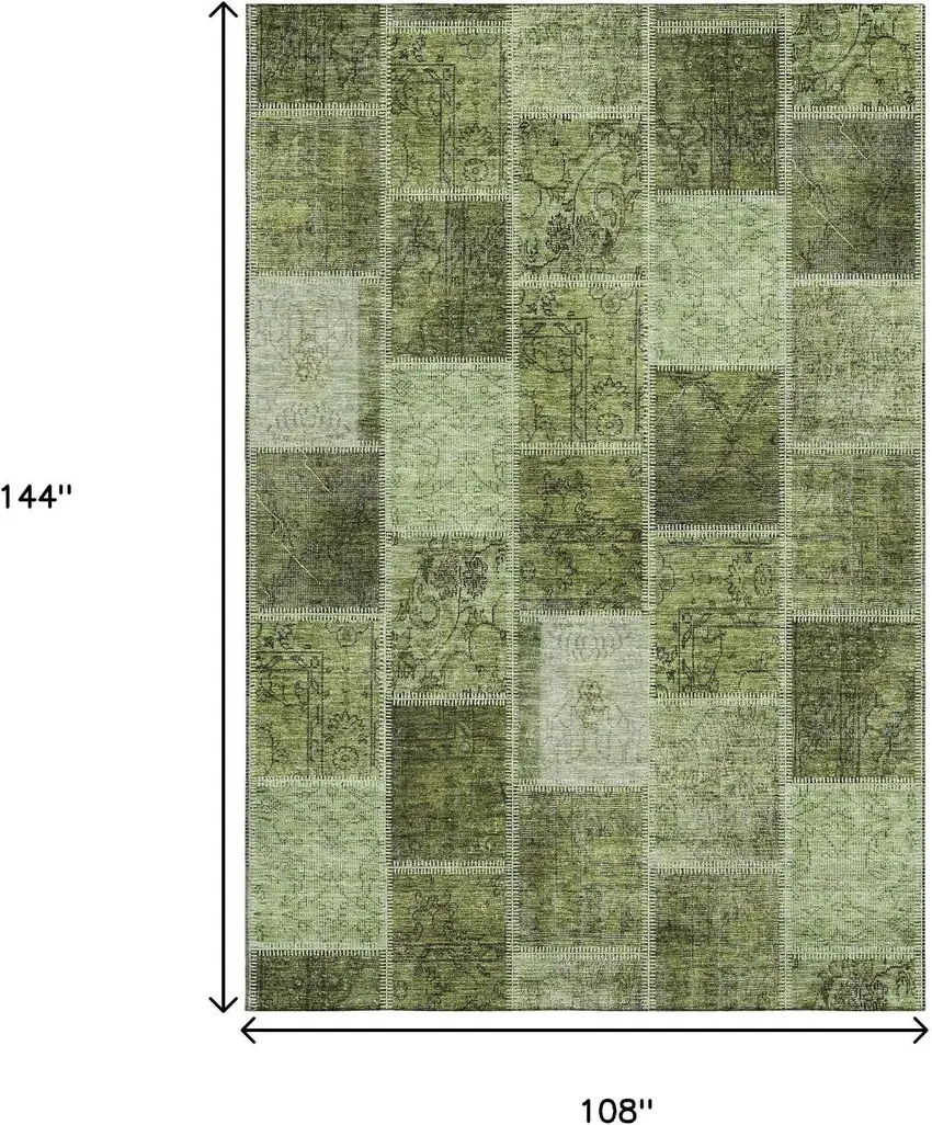 Olive Green And Gray Patchwork Washable Area Rug With UV Protection Photo 4