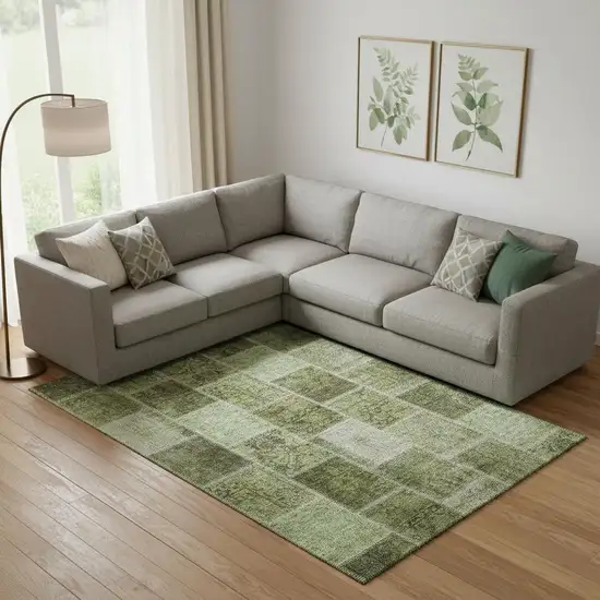 Olive Green And Gray Patchwork Washable Area Rug With UV Protection Photo 3