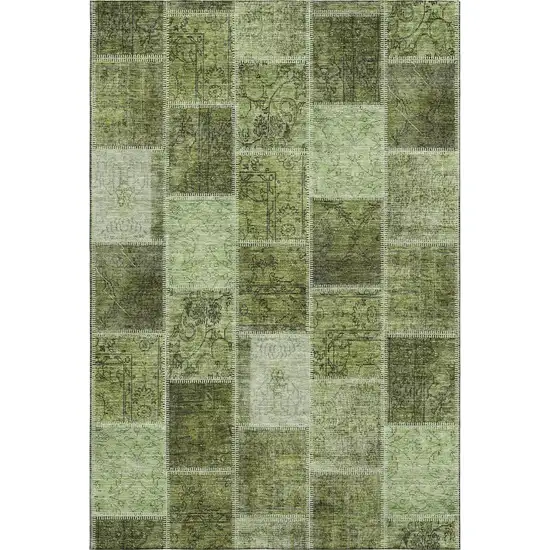 Olive Green And Gray Patchwork Washable Area Rug With UV Protection Photo 1