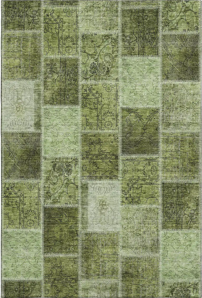 Olive Green And Gray Patchwork Washable Area Rug With UV Protection Photo 1