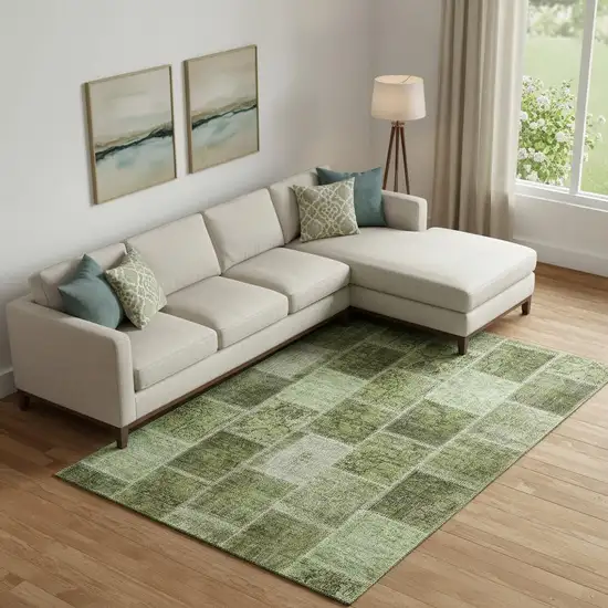 Olive Green And Gray Patchwork Washable Area Rug With UV Protection Photo 1