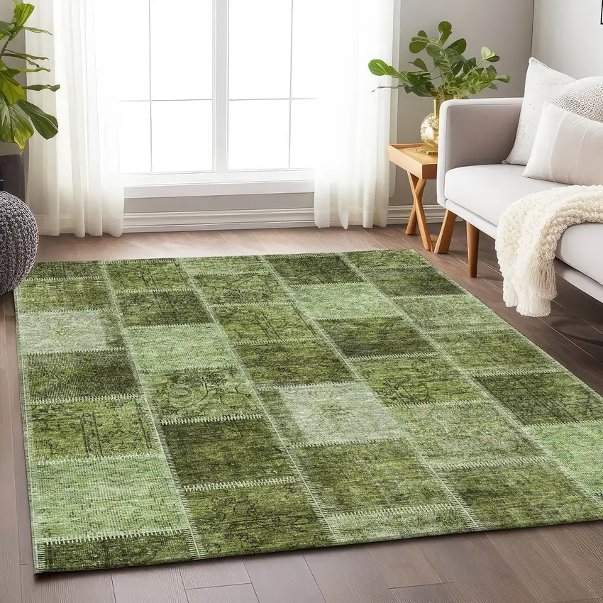 Olive Green And Gray Patchwork Washable Area Rug With UV Protection Photo 6
