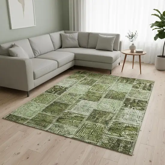 Olive Green And Gray Patchwork Washable Area Rug With UV Protection Photo 2