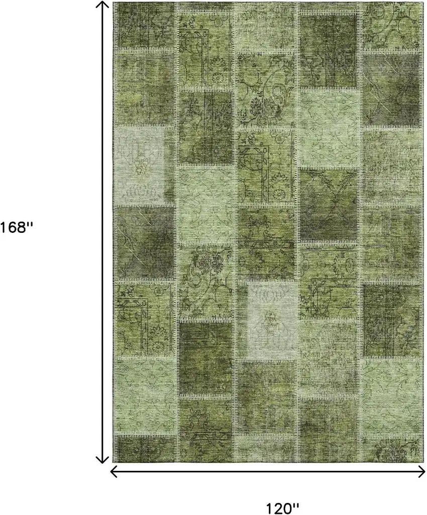 Olive Green And Gray Patchwork Washable Area Rug With UV Protection Photo 3