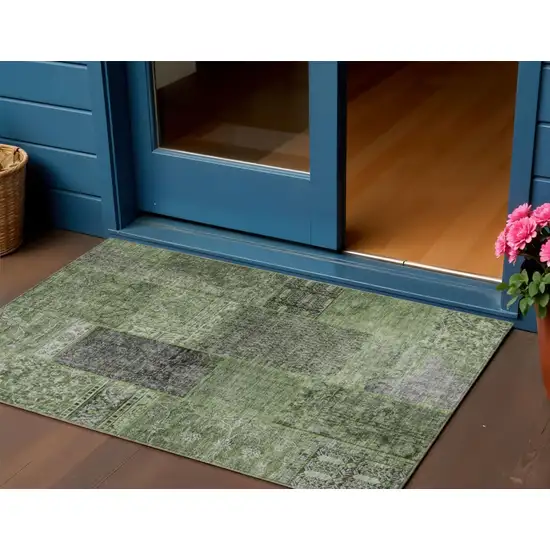 Olive Green And Gray Patchwork Washable Indoor Outdoor Area Rug Photo 1