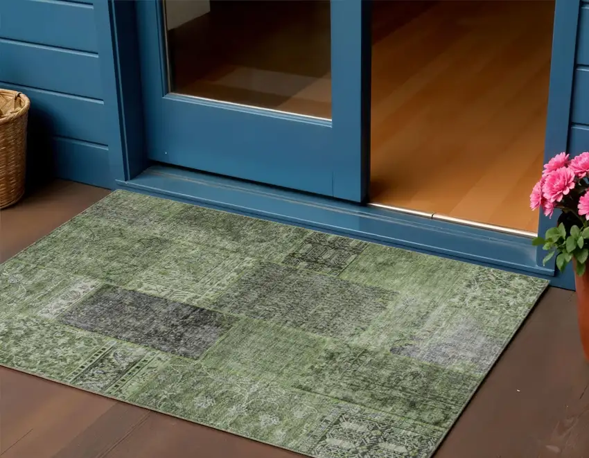 Olive Green And Gray Patchwork Washable Indoor Outdoor Area Rug Photo 1