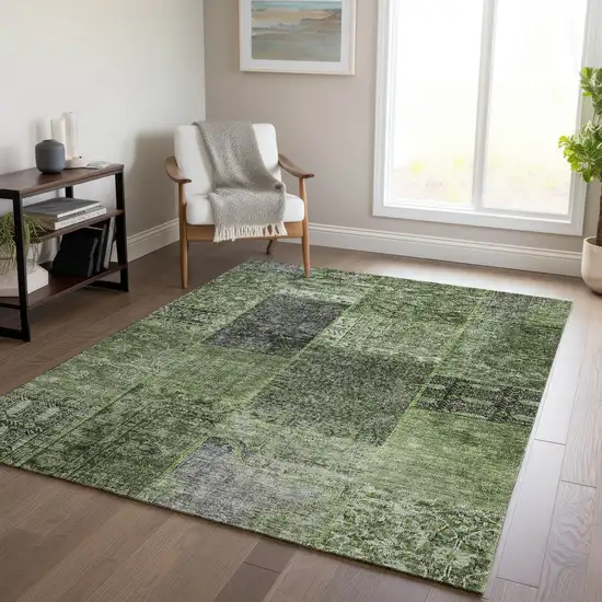 Olive Green And Gray Patchwork Washable Indoor Outdoor Area Rug Photo 9