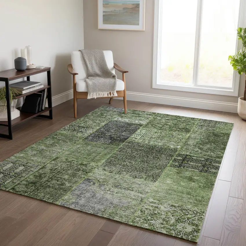 Olive Green And Gray Patchwork Washable Indoor Outdoor Area Rug Photo 9