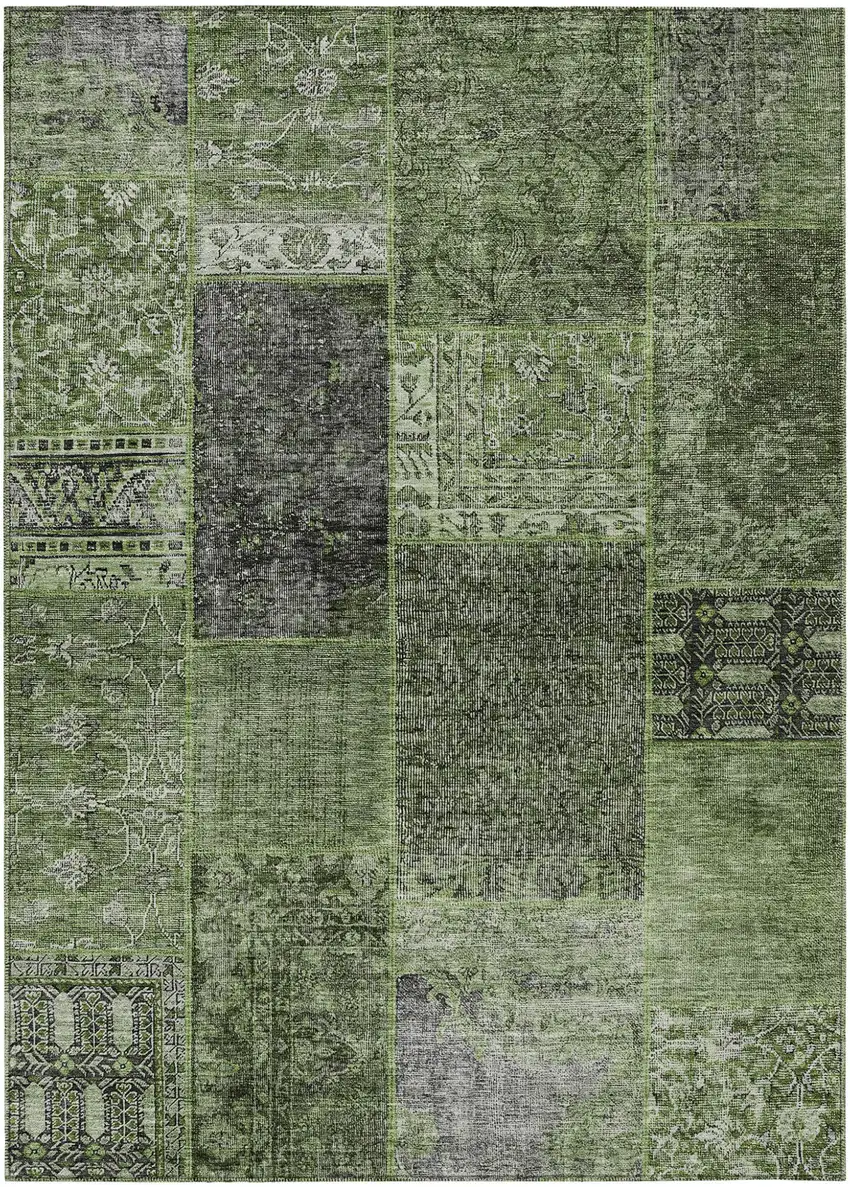 Olive Green And Gray Patchwork Washable Indoor Outdoor Area Rug Photo 2