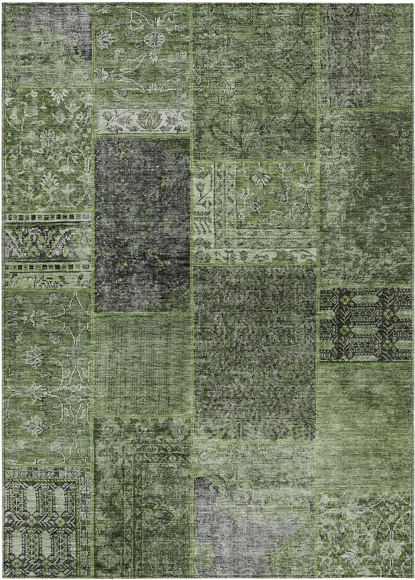 Olive Green And Gray Patchwork Washable Indoor Outdoor Area Rug Photo 2