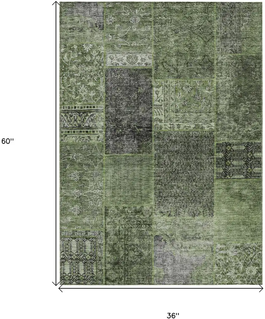 Olive Green And Gray Patchwork Washable Indoor Outdoor Area Rug Photo 3