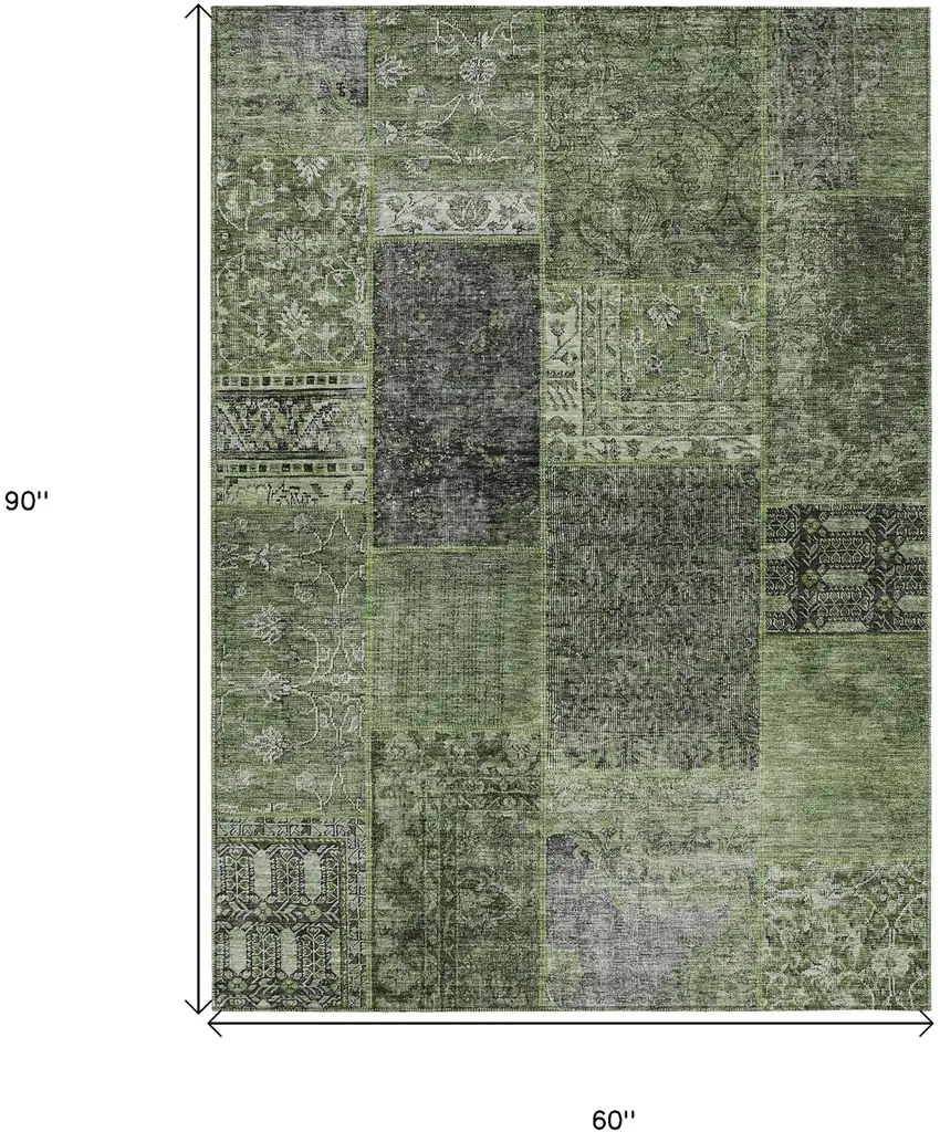 Olive Green And Gray Patchwork Washable Indoor Outdoor Area Rug Photo 3