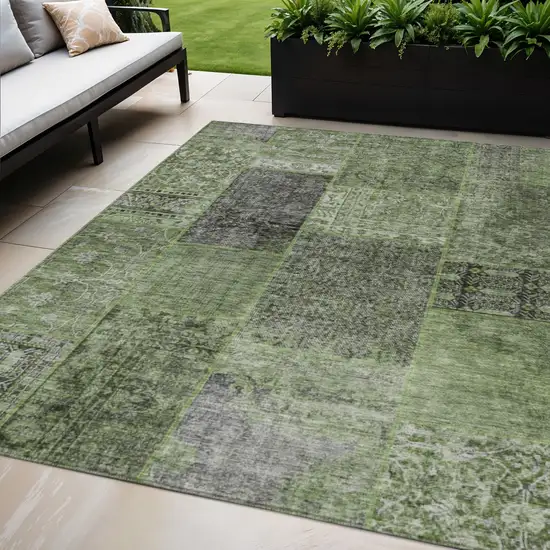 Olive Green And Gray Patchwork Washable Indoor Outdoor Area Rug Photo 1