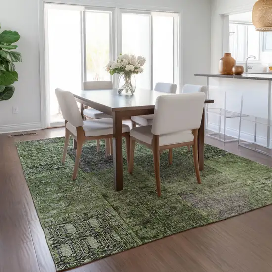 Olive Green And Gray Patchwork Washable Indoor Outdoor Area Rug Photo 9