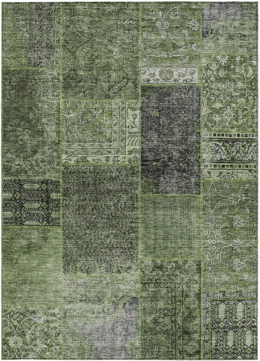 Olive Green And Gray Patchwork Washable Indoor Outdoor Area Rug Photo 7