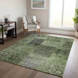 Photo of Olive Green And Gray Patchwork Washable Indoor Outdoor Area Rug