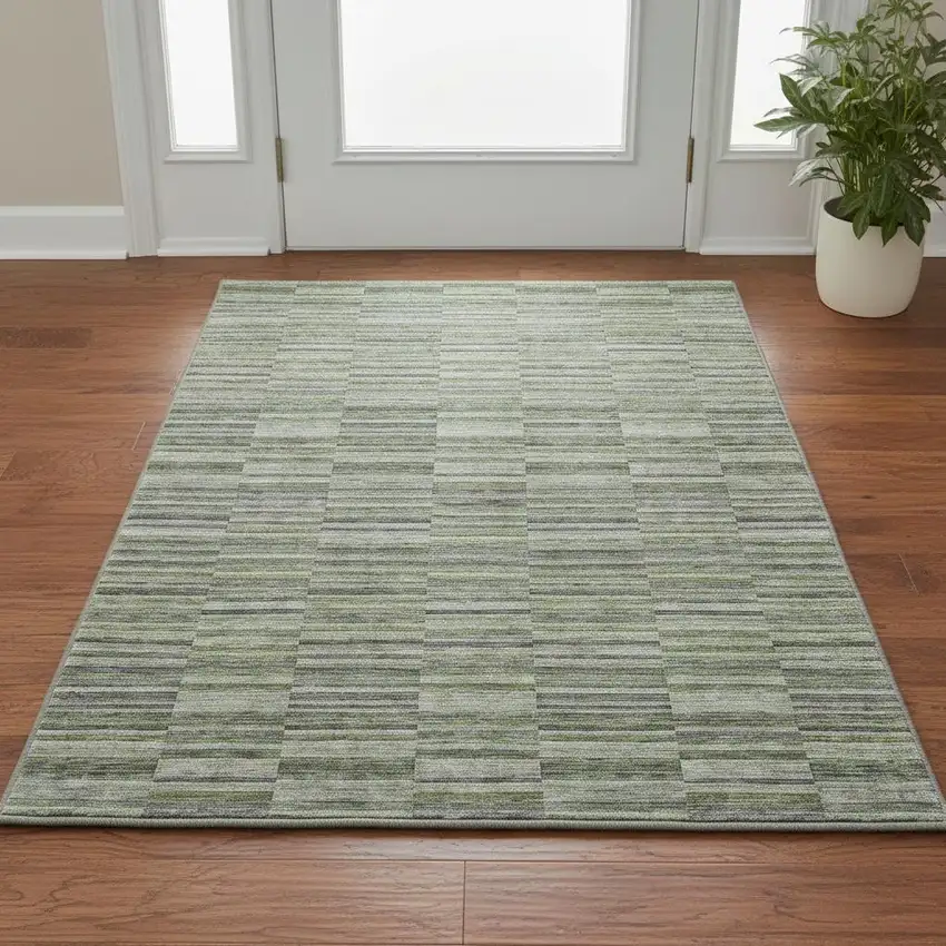 Olive Green And Gray Striped Washable Area Rug With UV Protection Photo 2