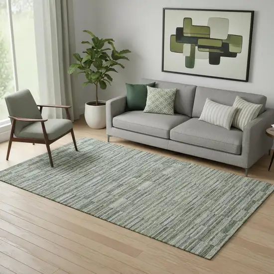Olive Green And Gray Striped Washable Area Rug With UV Protection Photo 1
