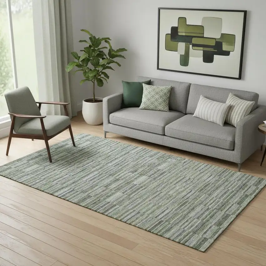 Olive Green And Gray Striped Washable Area Rug With UV Protection Photo 1