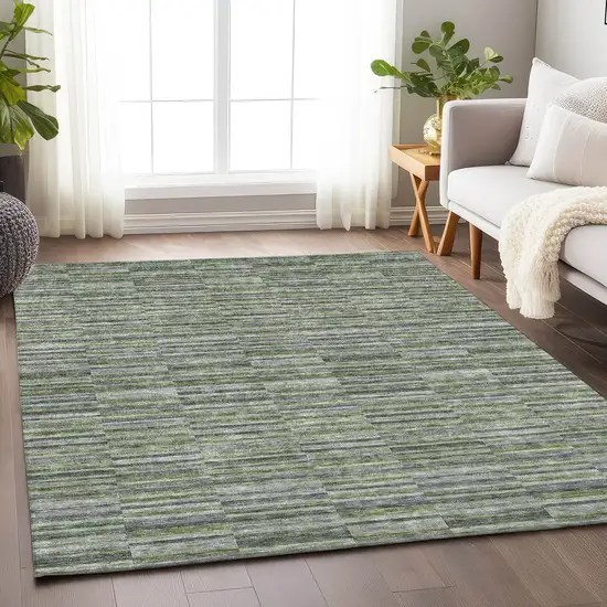 Olive Green And Gray Striped Washable Area Rug With UV Protection Photo 6