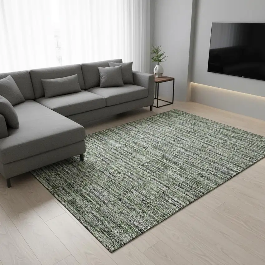 Olive Green And Gray Striped Washable Area Rug With UV Protection Photo 2