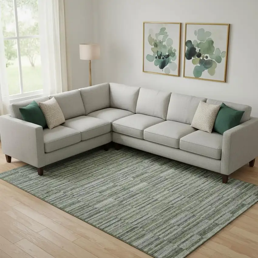 Olive Green And Gray Striped Washable Area Rug With UV Protection Photo 1