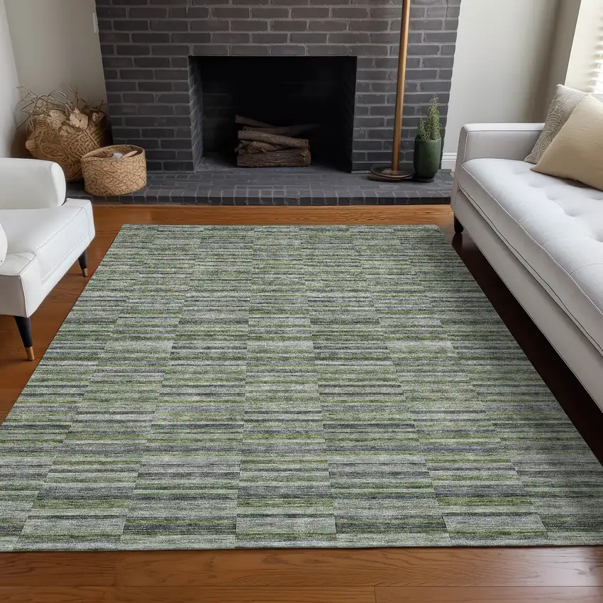 Olive Green And Gray Striped Washable Area Rug With UV Protection Photo 5