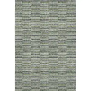 Photo of Olive Green And Gray Striped Washable Area Rug With UV Protection