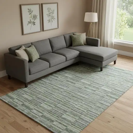 Olive Green And Gray Striped Washable Area Rug With UV Protection Photo 1